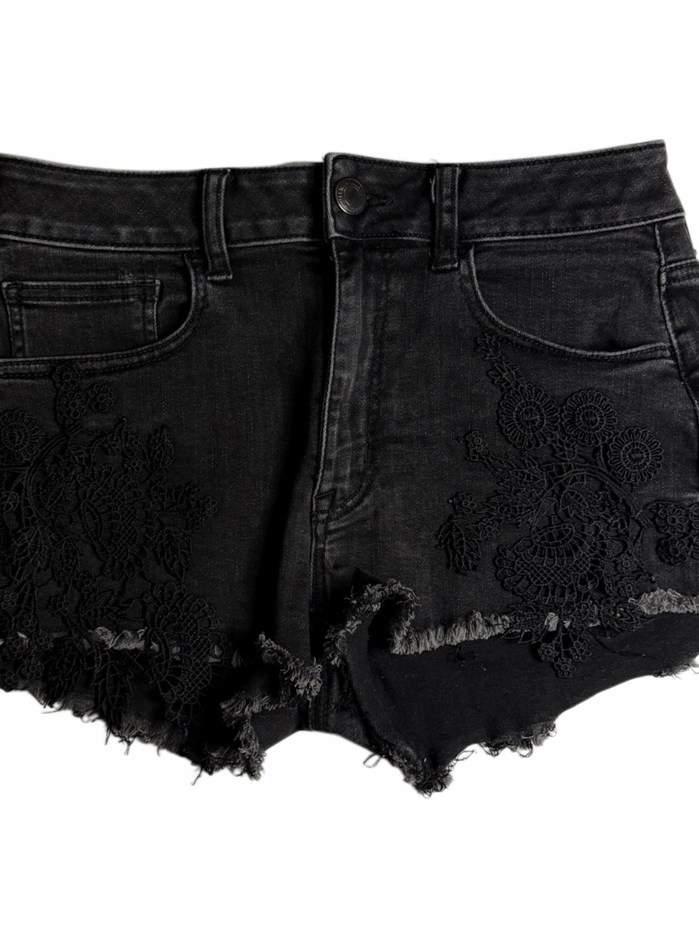 American Eagle Black Denim Shorts Lace Embroidered Distressed Raw Hem Size 6
